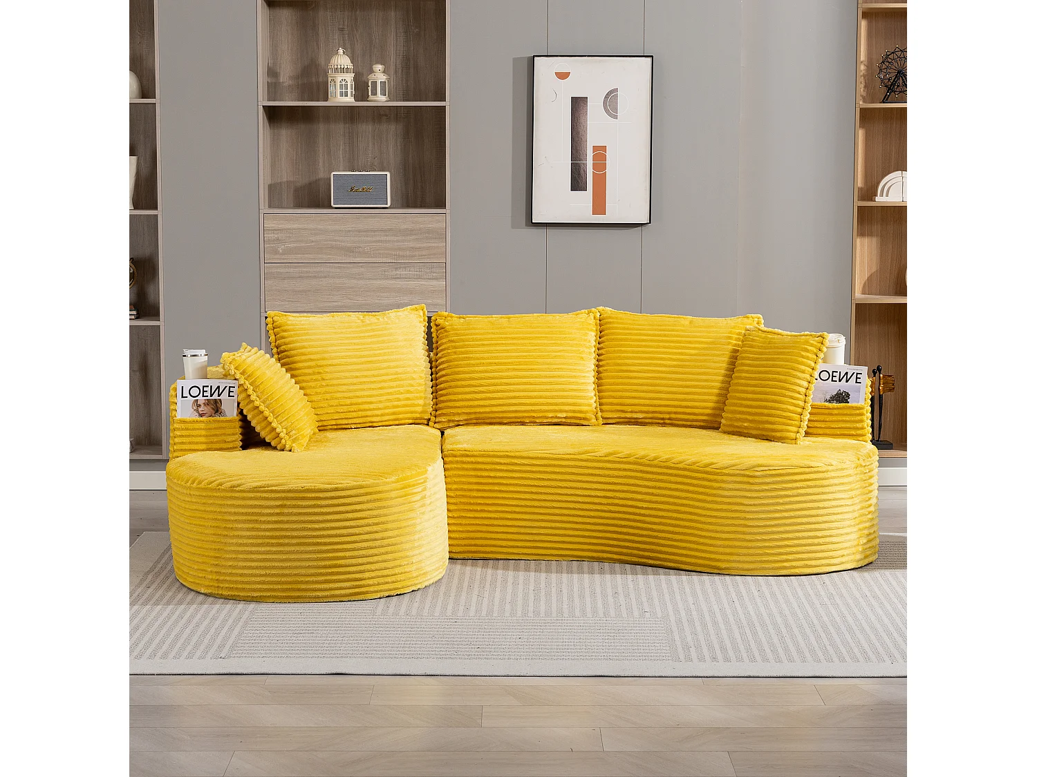 Canapé 3 places en velours côtelé - 250 x 152 x 82 cm - avec porte-gobelet + poche + coussins - jaune