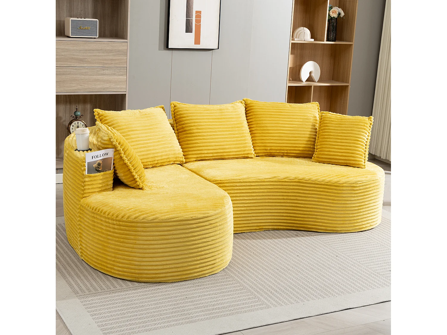 Canapé 3 places en velours côtelé - 250 x 152 x 82 cm - avec porte-gobelet + poche + coussins - jaune