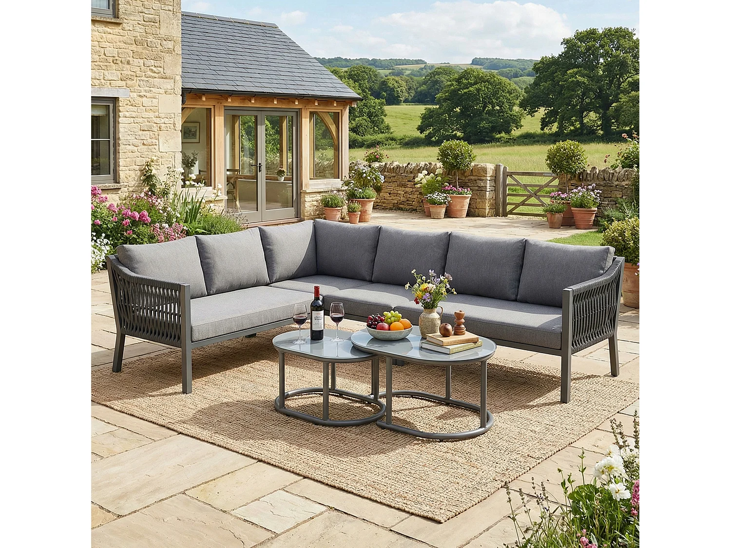 Ensemble salon de jardin 6 places - avec canapé d'angle + 2 tables plateau en verre - métal + Polyester - gris