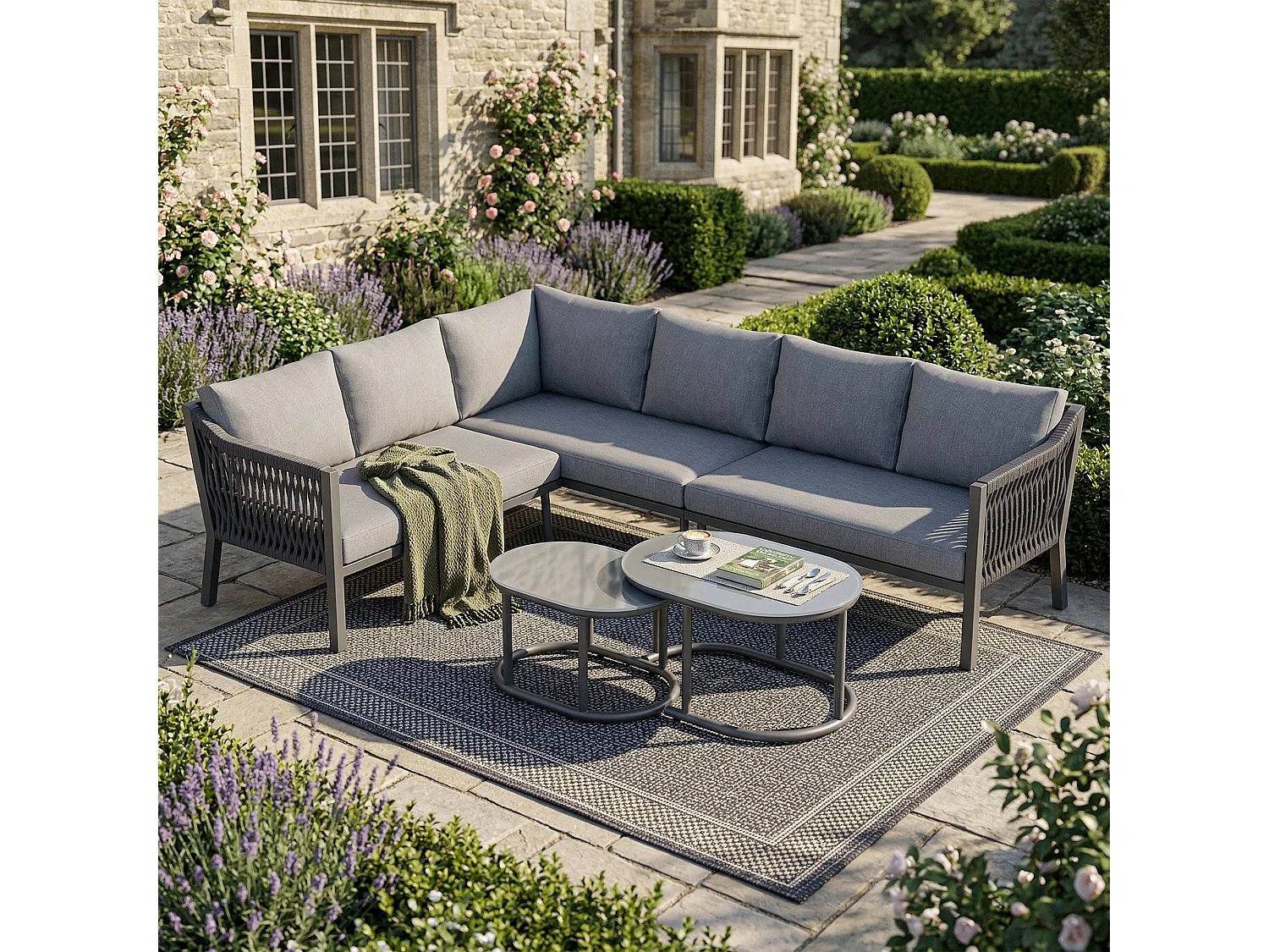 Ensemble salon de jardin 6 places - avec canapé d'angle + 2 tables plateau en verre - métal + Polyester - gris