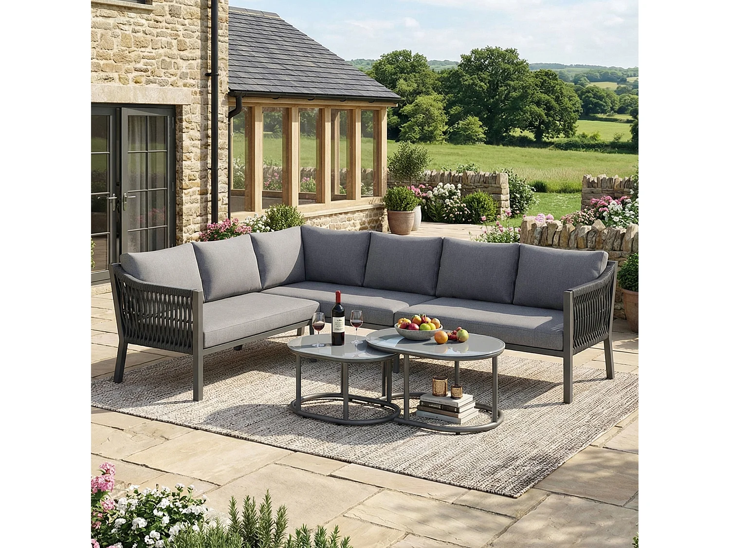 Ensemble salon de jardin 6 places - avec canapé d'angle + 2 tables plateau en verre - métal + Polyester - gris