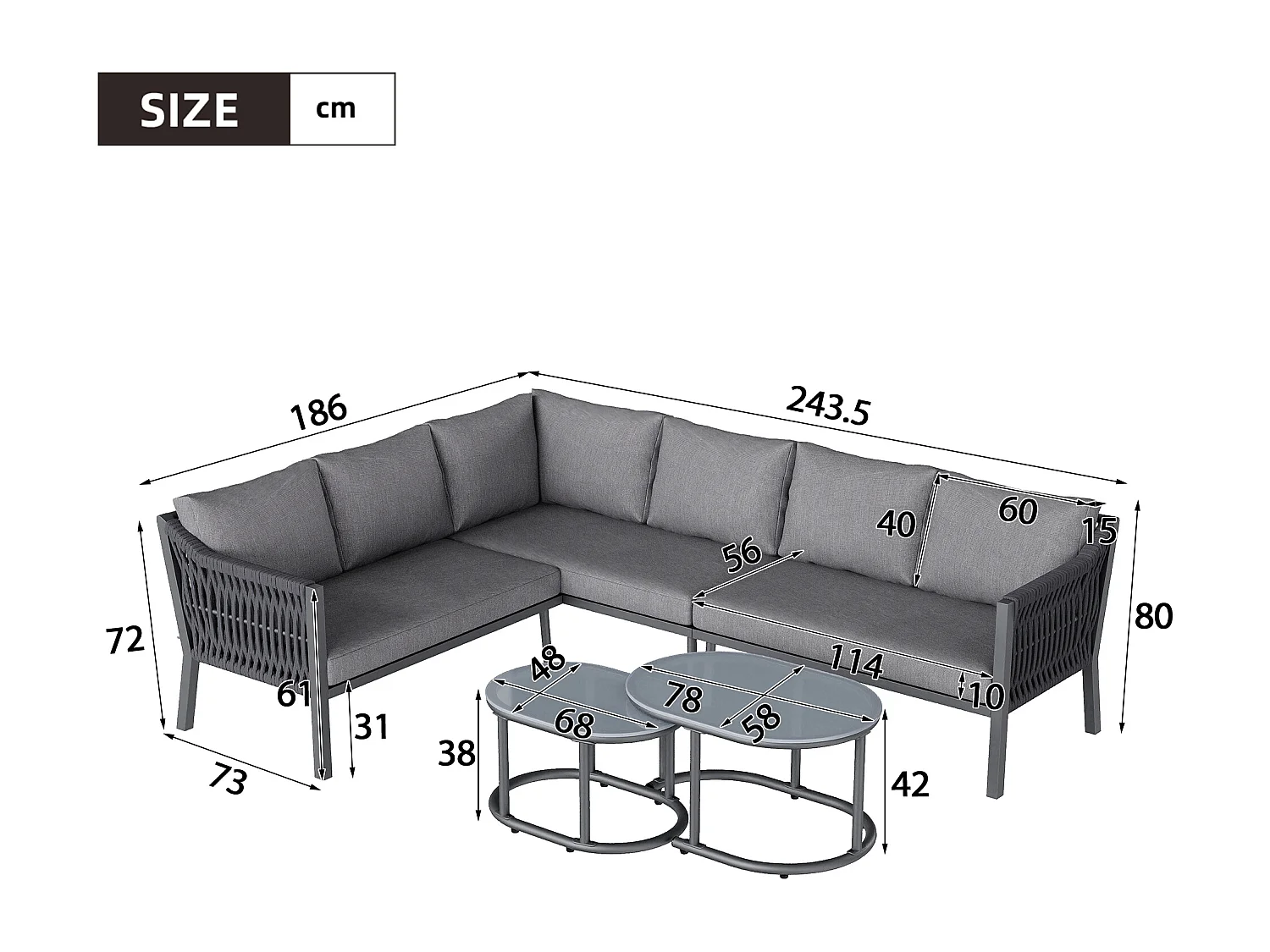 Ensemble salon de jardin 6 places - avec canapé d'angle + 2 tables plateau en verre - métal + Polyester - gris