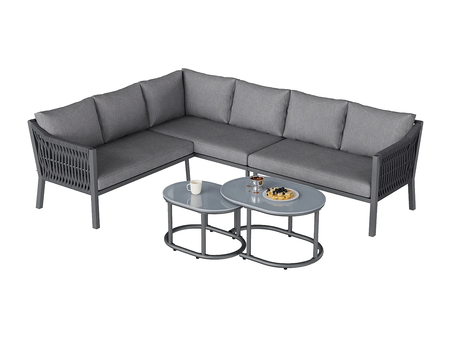 Ensemble salon de jardin 6 places - avec canapé d'angle + 2 tables plateau en verre - métal + Polyester - gris