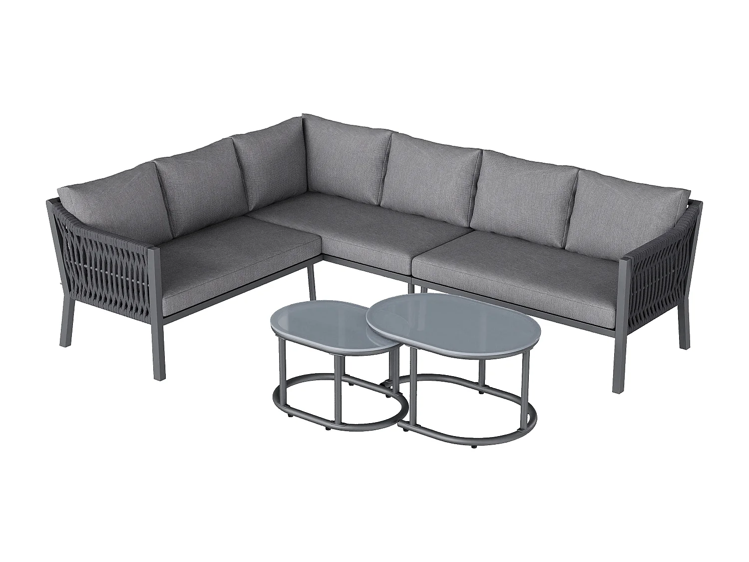 Ensemble salon de jardin 6 places - avec canapé d'angle + 2 tables plateau en verre - métal + Polyester - gris