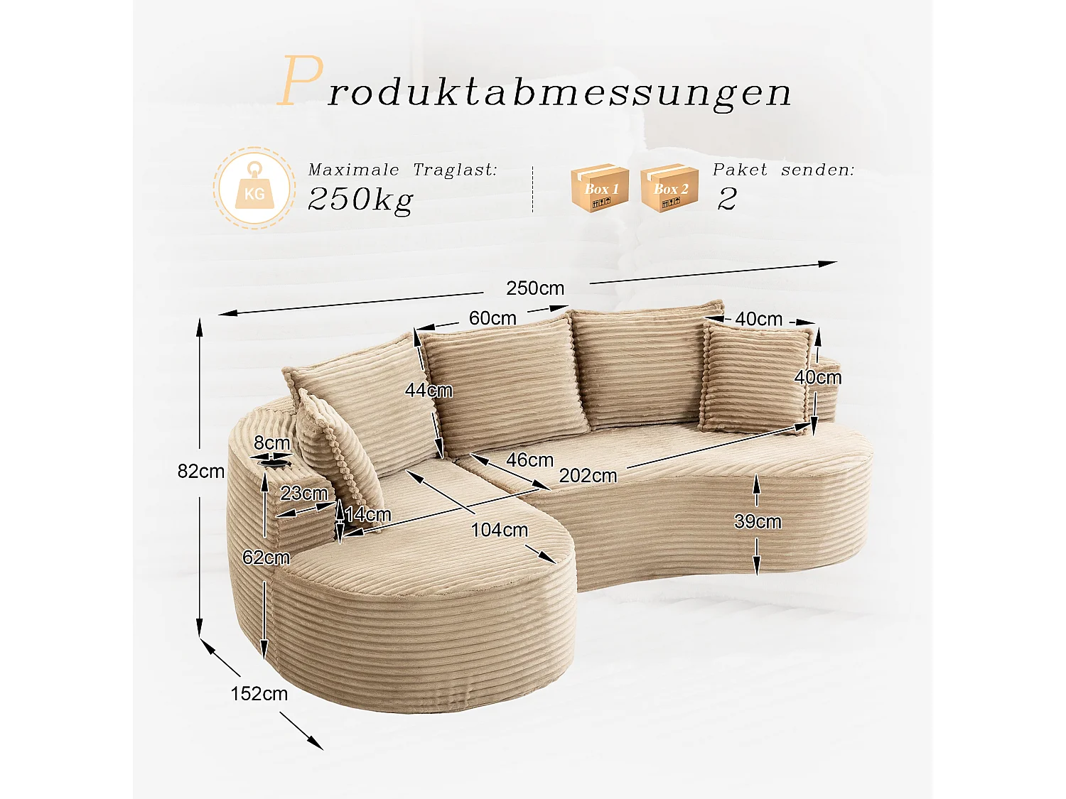 Canapé 3 places en velours côtelé - 250 x 152 x 82 cm - avec porte-gobelet + poche + coussins - kaki