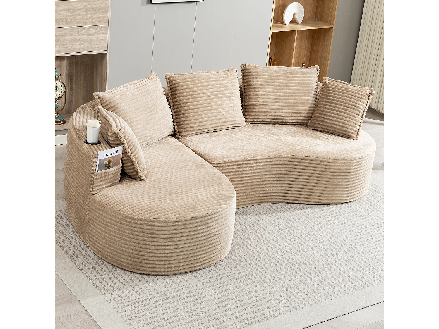 Canapé 3 places en velours côtelé - 250 x 152 x 82 cm - avec porte-gobelet + poche + coussins - kaki