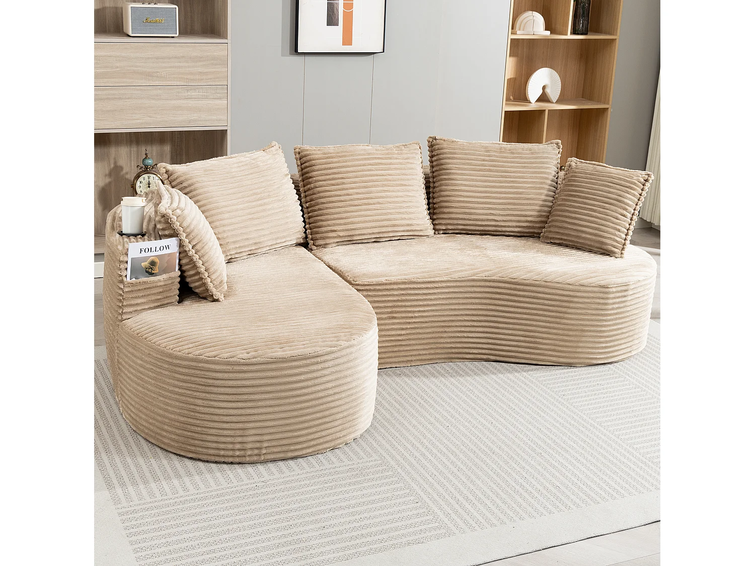 Canapé 3 places en velours côtelé - 250 x 152 x 82 cm - avec porte-gobelet + poche + coussins - kaki