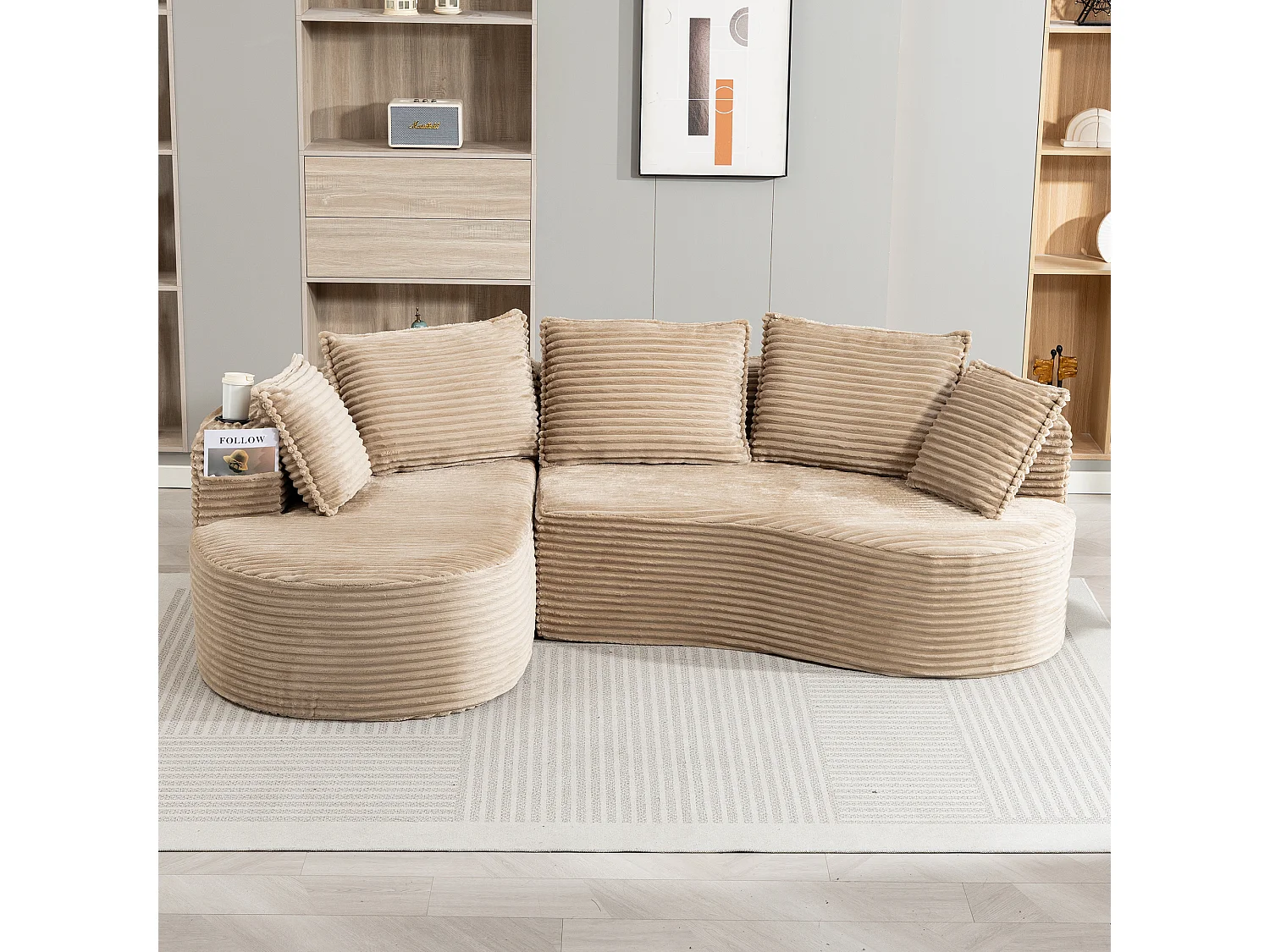 Canapé 3 places en velours côtelé - 250 x 152 x 82 cm - avec porte-gobelet + poche + coussins - kaki