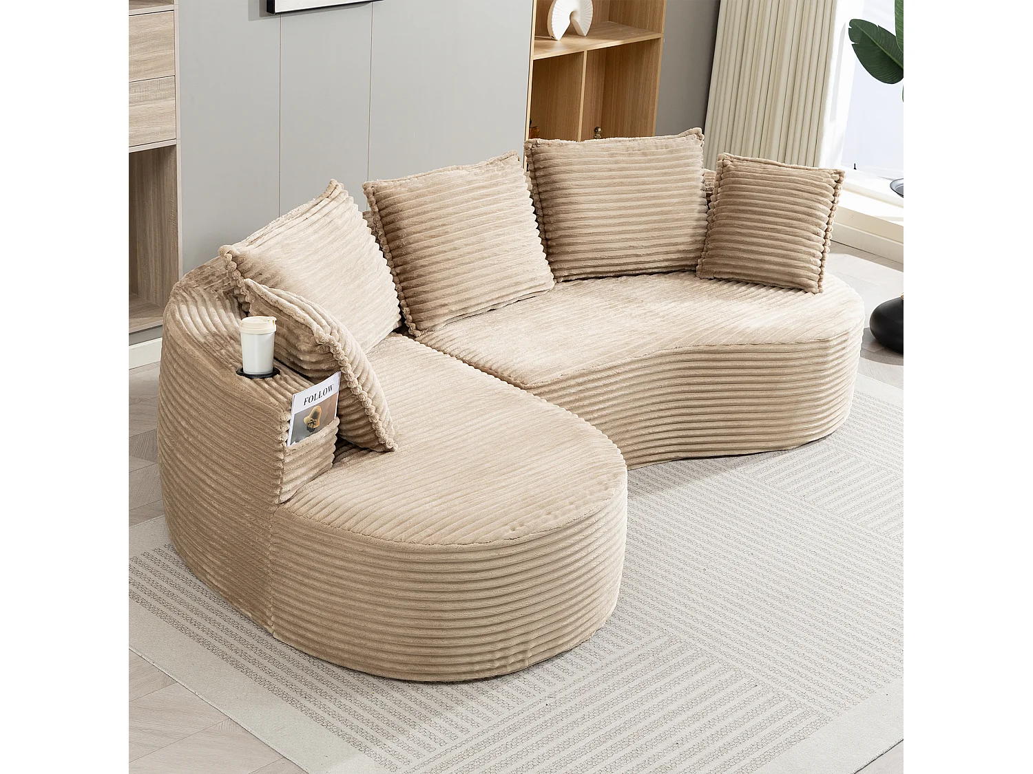 Canapé 3 places en velours côtelé - 250 x 152 x 82 cm - avec porte-gobelet + poche + coussins - kaki