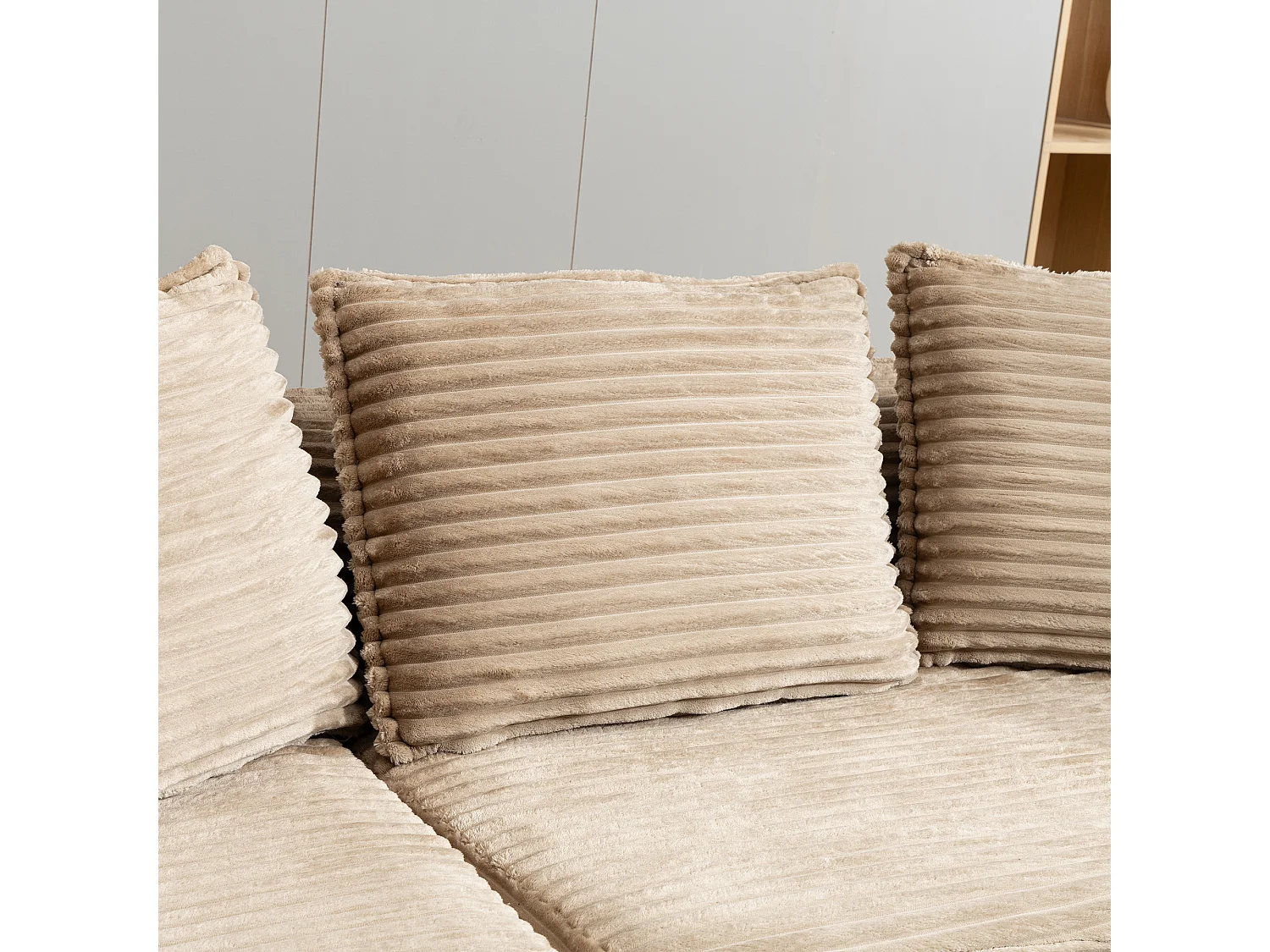 Canapé 3 places en velours côtelé - 250 x 152 x 82 cm - avec porte-gobelet + poche + coussins - kaki