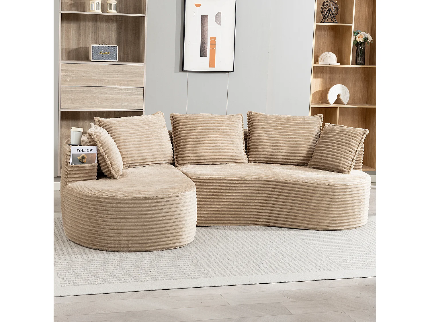 Canapé 3 places en velours côtelé - 250 x 152 x 82 cm - avec porte-gobelet + poche + coussins - kaki