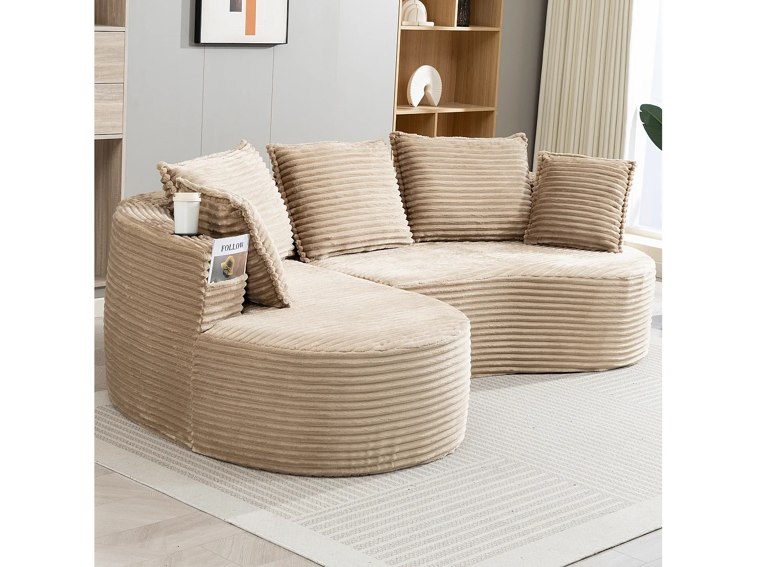 Canapé 3 places en velours côtelé - 250 x 152 x 82 cm - avec porte-gobelet + poche + coussins - kaki