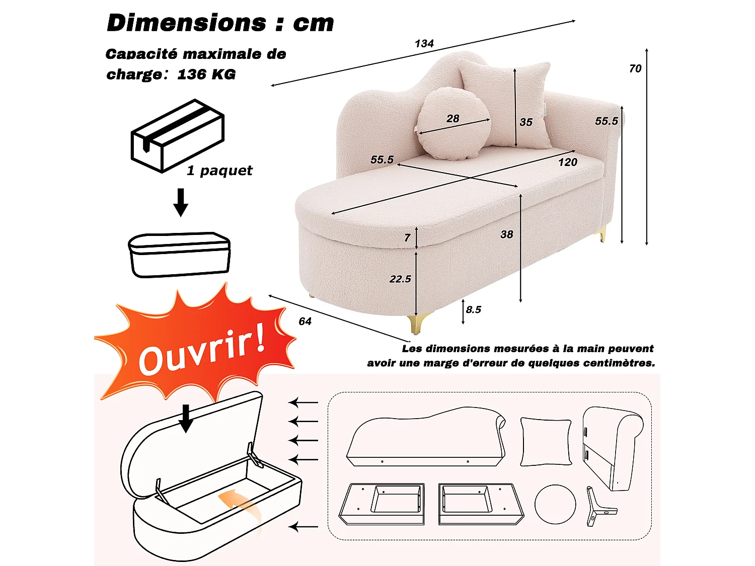 Méridienne moderne de dossier ondulé - 134 x 64 x 70 cm - avec rangement + coussins - rose
