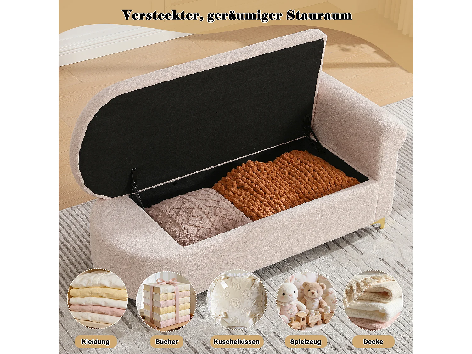 Méridienne moderne de dossier ondulé - 134 x 64 x 70 cm - avec rangement + coussins - rose