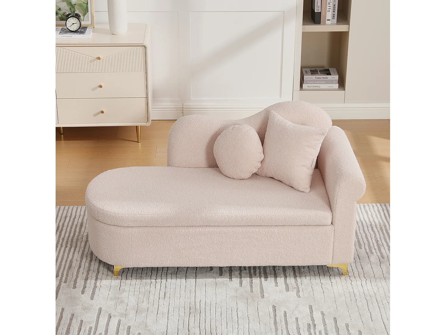 Méridienne moderne de dossier ondulé - 134 x 64 x 70 cm - avec rangement + coussins - rose