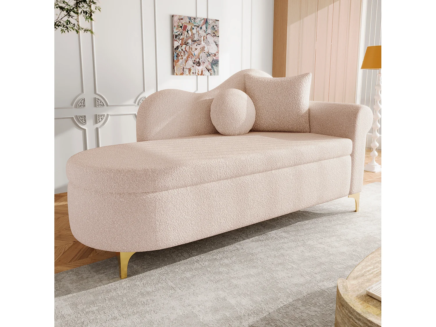 Méridienne moderne de dossier ondulé - 134 x 64 x 70 cm - avec rangement + coussins - rose