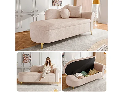 Modern chaise longue with wavy backrest - 134 x 64 x 70 cm - with storage + cushions - pink