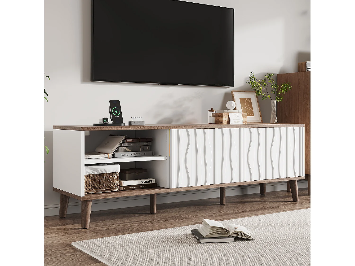 Moderner TV-Ständer – 160 x 40 x 52 cm – mit Schiebetür und LED-Beleuchtung – für 70-Zoll-Fernseher – Spanplatte – weiß