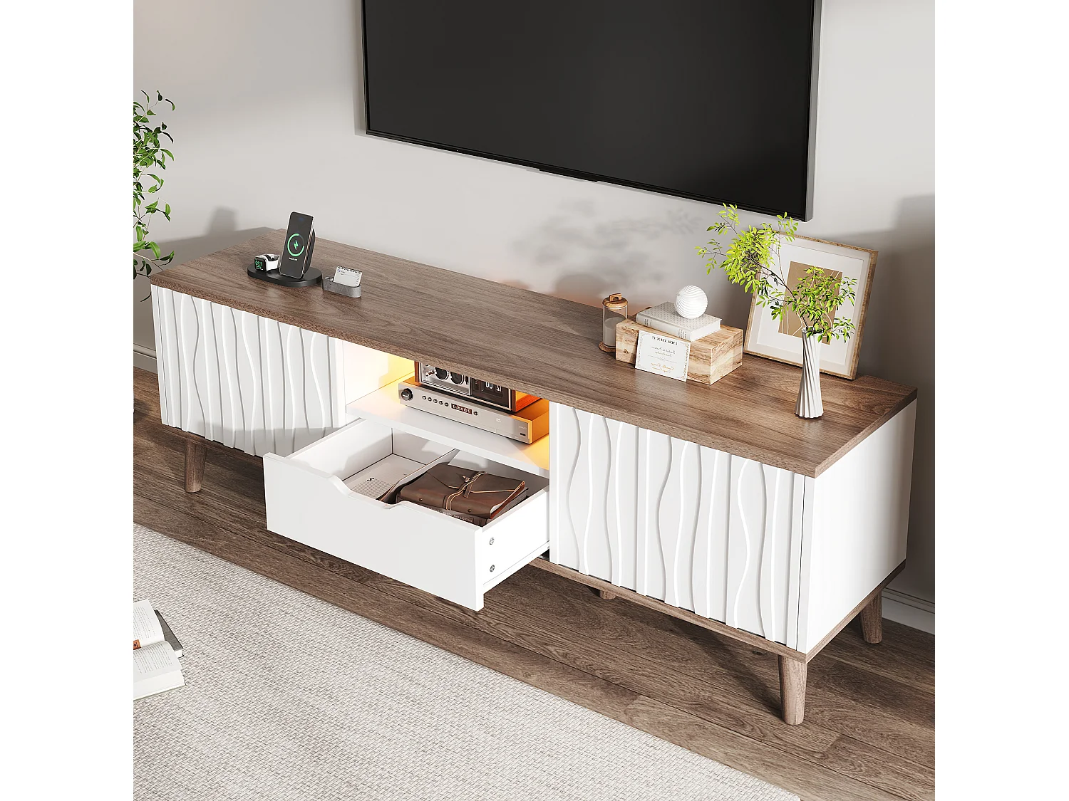 Moderner TV-Ständer – 160 x 40 x 52 cm – mit Schiebetür und LED-Beleuchtung – für 70-Zoll-Fernseher – Spanplatte – weiß