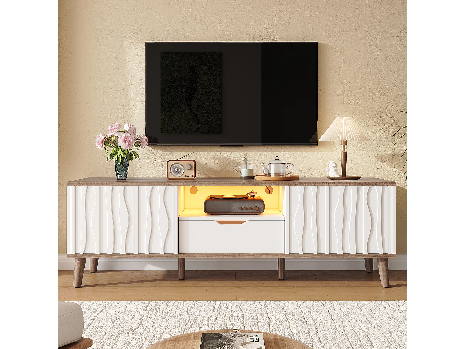 Moderner TV-Ständer – 160 x 40 x 52 cm – mit Schiebetür und LED-Beleuchtung – für 70-Zoll-Fernseher – Spanplatte – weiß