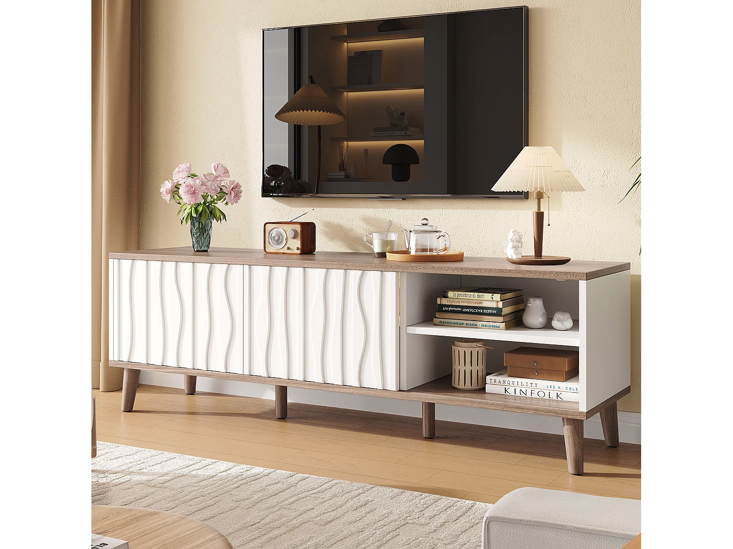 Moderner TV-Ständer – 160 x 40 x 52 cm – mit Schiebetür und LED-Beleuchtung – für 70-Zoll-Fernseher – Spanplatte – weiß