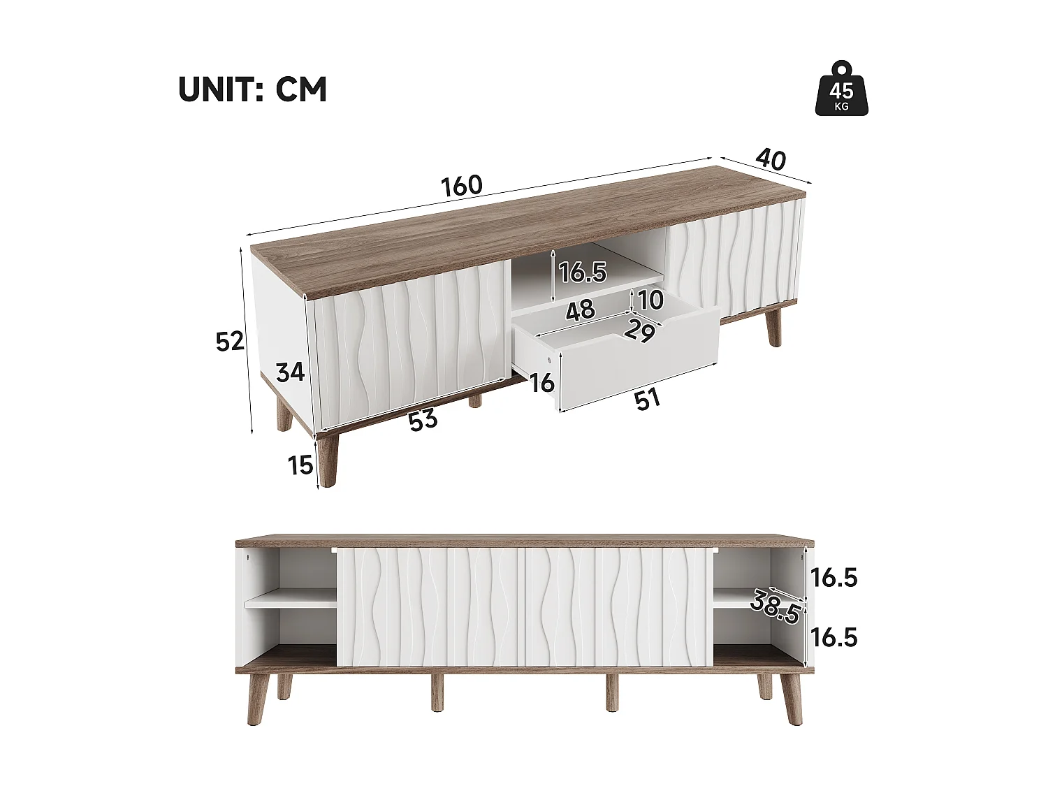 Moderner TV-Ständer – 160 x 40 x 52 cm – mit Schiebetür und LED-Beleuchtung – für 70-Zoll-Fernseher – Spanplatte – weiß