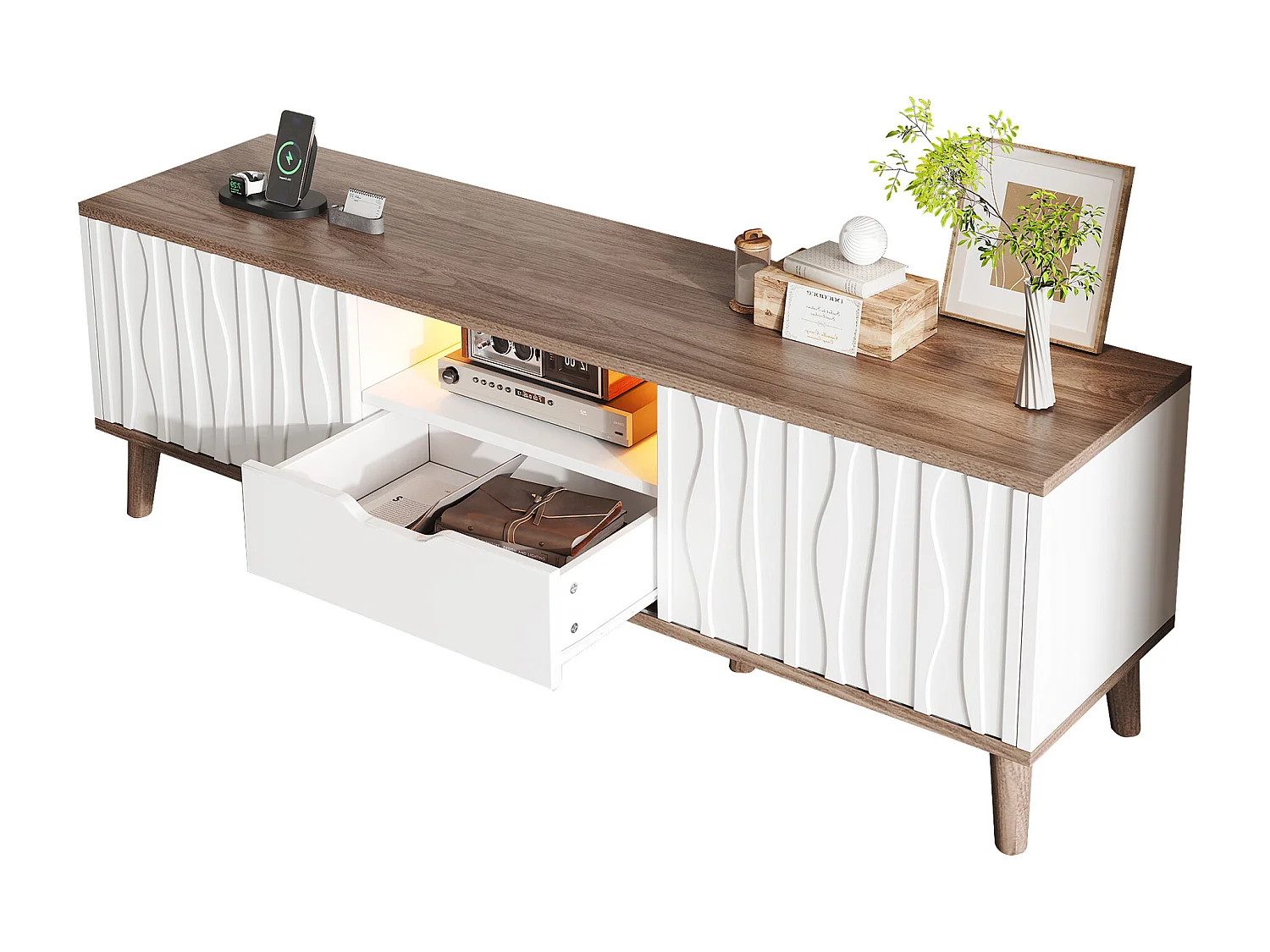 Moderner TV-Ständer – 160 x 40 x 52 cm – mit Schiebetür und LED-Beleuchtung – für 70-Zoll-Fernseher – Spanplatte – weiß