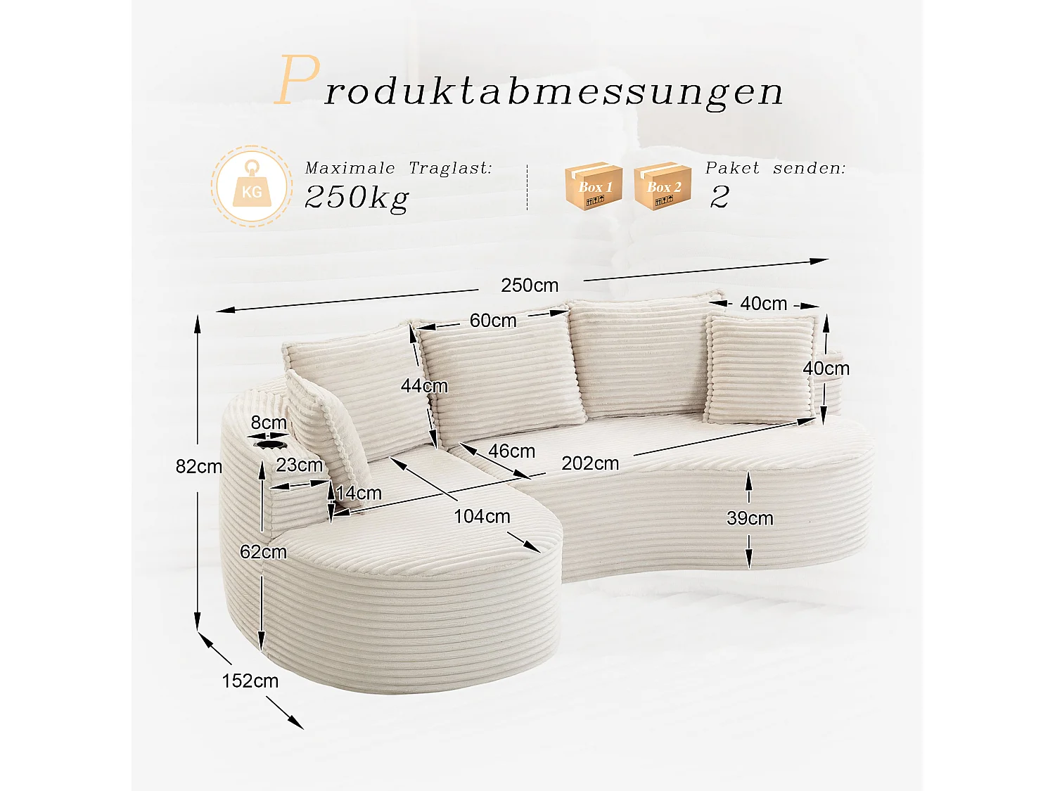 Canapé 3 places en velours côtelé - 250 x 152 x 82 cm - avec porte-gobelet + poche + coussins - beige