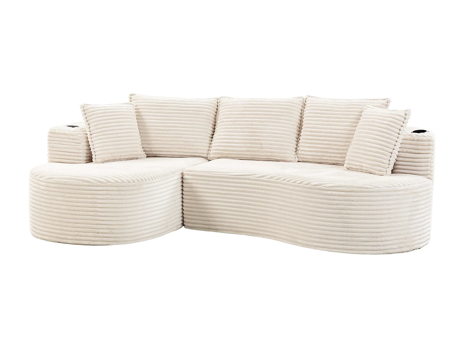 Canapé 3 places en velours côtelé - 250 x 152 x 82 cm - avec porte-gobelet + poche + coussins - beige