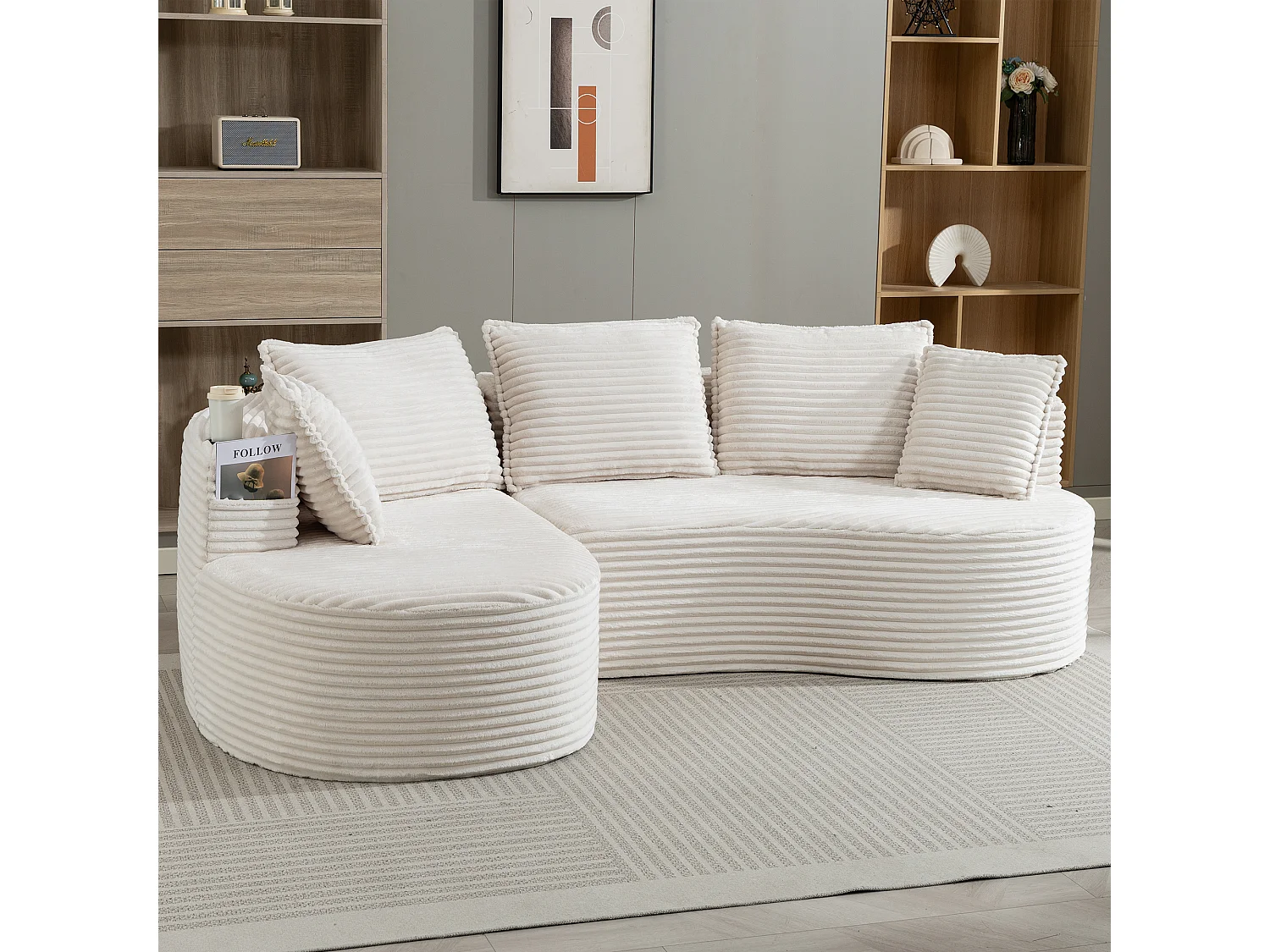 Canapé 3 places en velours côtelé - 250 x 152 x 82 cm - avec porte-gobelet + poche + coussins - beige