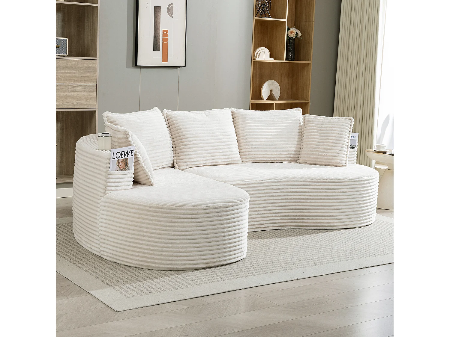 Canapé 3 places en velours côtelé - 250 x 152 x 82 cm - avec porte-gobelet + poche + coussins - beige