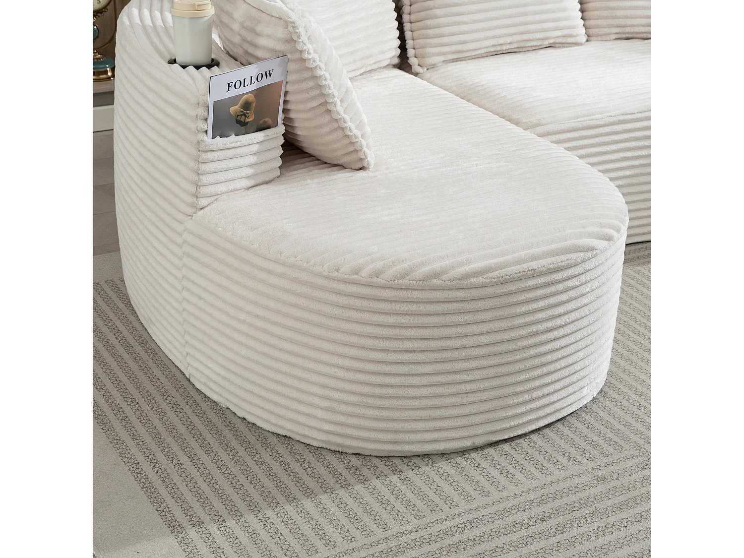 Canapé 3 places en velours côtelé - 250 x 152 x 82 cm - avec porte-gobelet + poche + coussins - beige