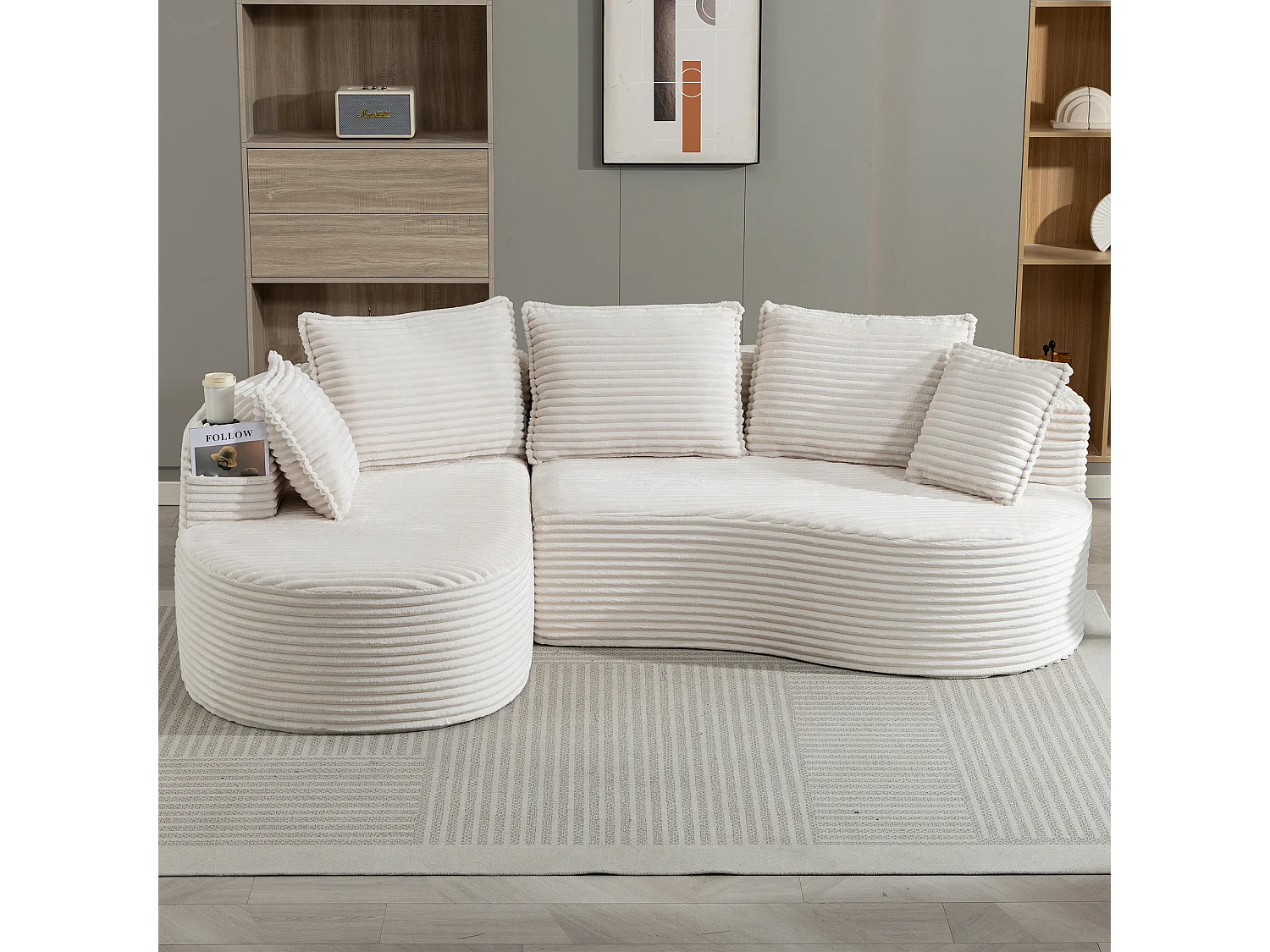 Canapé 3 places en velours côtelé - 250 x 152 x 82 cm - avec porte-gobelet + poche + coussins - beige