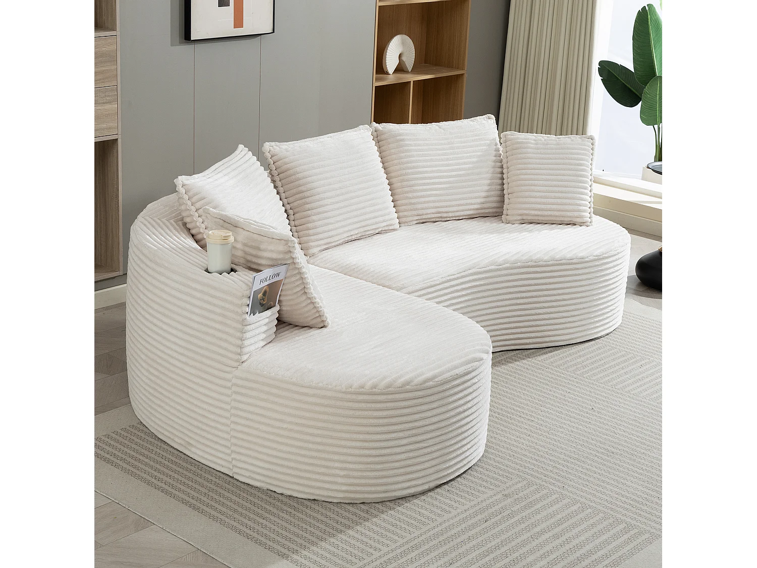 Canapé 3 places en velours côtelé - 250 x 152 x 82 cm - avec porte-gobelet + poche + coussins - beige