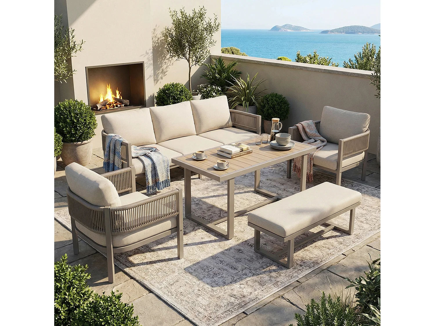 Ensemble salon de jardin 6 places - avec canapé + 1 table + 2 fauteuils + 1 banc + coussins - métal + Polyester - beige