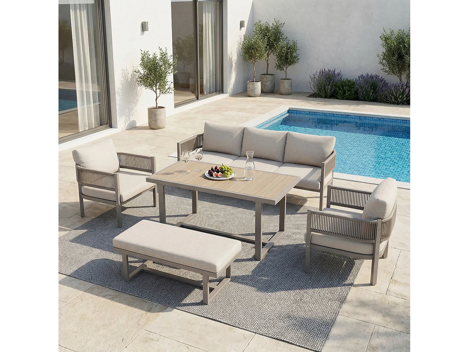 Ensemble salon de jardin 6 places - avec canapé + 1 table + 2 fauteuils + 1 banc + coussins - métal + Polyester - beige