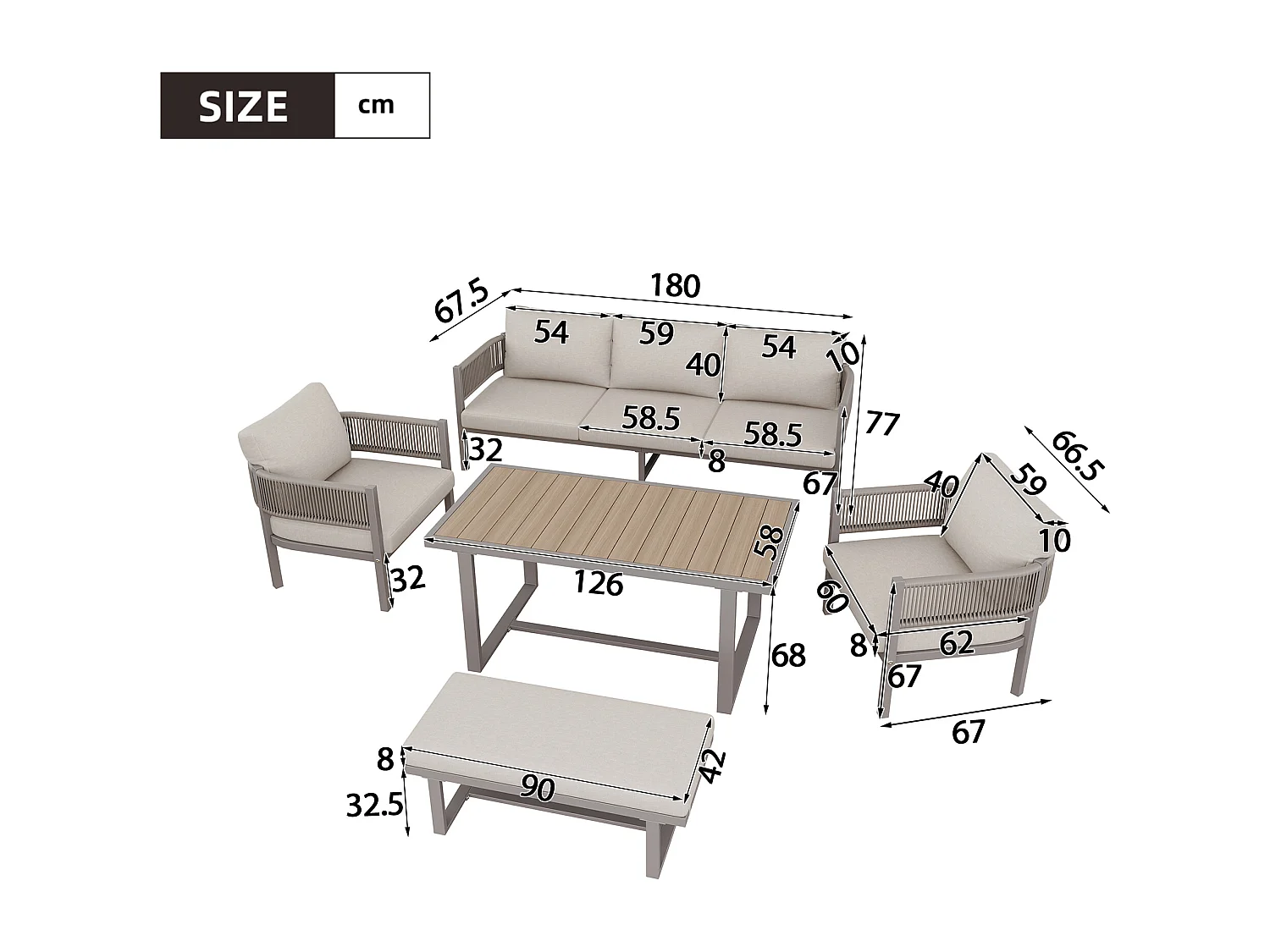 Ensemble salon de jardin 6 places - avec canapé + 1 table + 2 fauteuils + 1 banc + coussins - métal + Polyester - beige