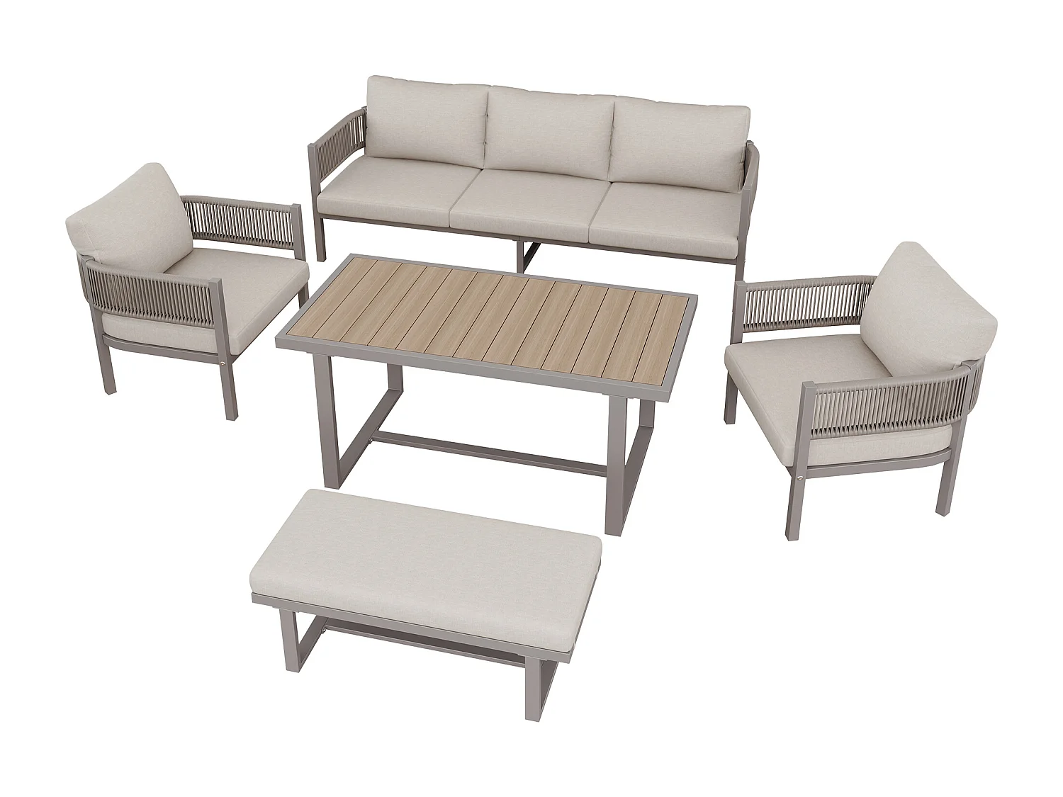 Ensemble salon de jardin 6 places - avec canapé + 1 table + 2 fauteuils + 1 banc + coussins - métal + Polyester - beige