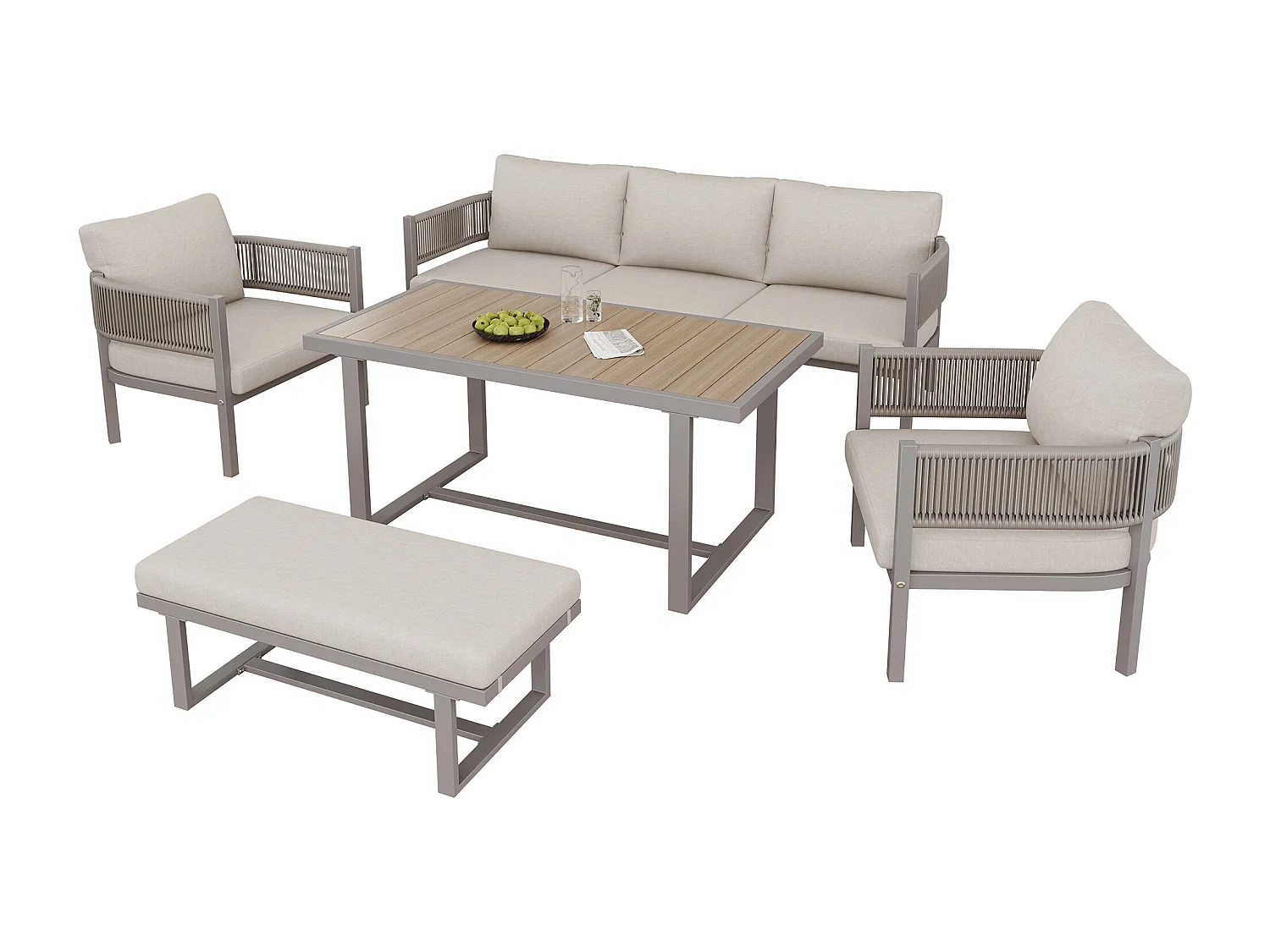 Ensemble salon de jardin 6 places - avec canapé + 1 table + 2 fauteuils + 1 banc + coussins - métal + Polyester - beige