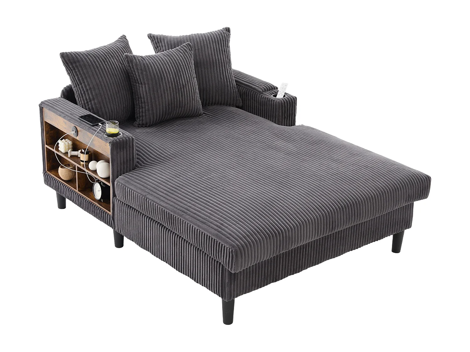 Méridienne 2 places en velours côtelé - 170 x 129 x 70 cm - avec porte-gobelets + Leds + USB + étagères + poche - gris