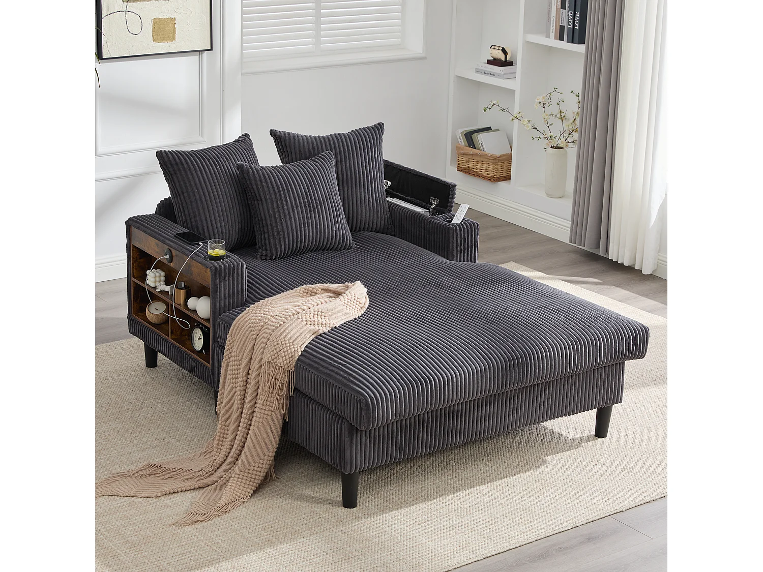 Méridienne 2 places en velours côtelé - 170 x 129 x 70 cm - avec porte-gobelets + Leds + USB + étagères + poche - gris