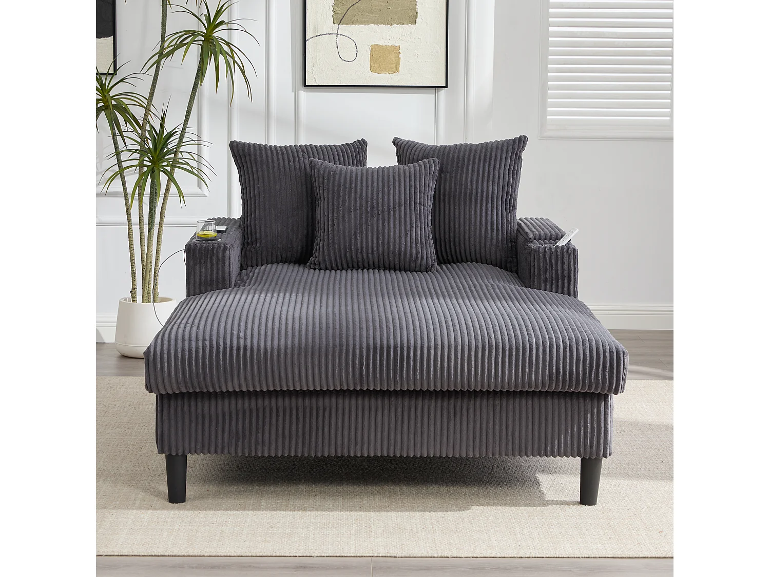 Méridienne 2 places en velours côtelé - 170 x 129 x 70 cm - avec porte-gobelets + Leds + USB + étagères + poche - gris