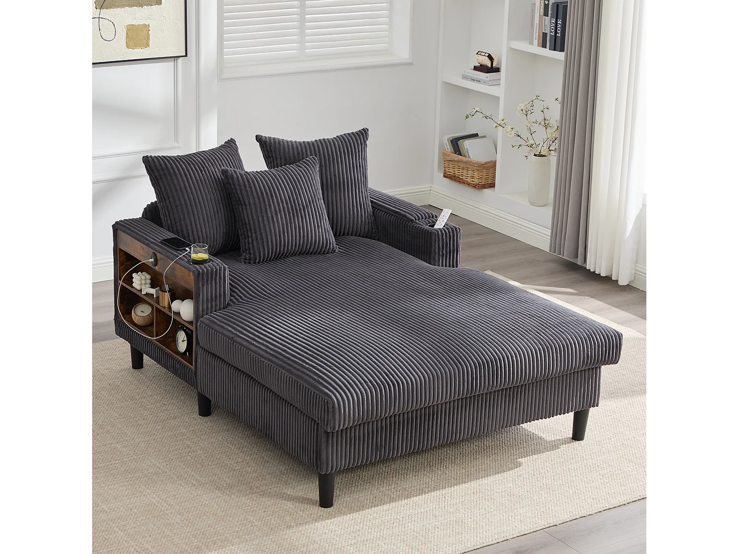 Méridienne 2 places en velours côtelé - 170 x 129 x 70 cm - avec porte-gobelets + Leds + USB + étagères + poche - gris