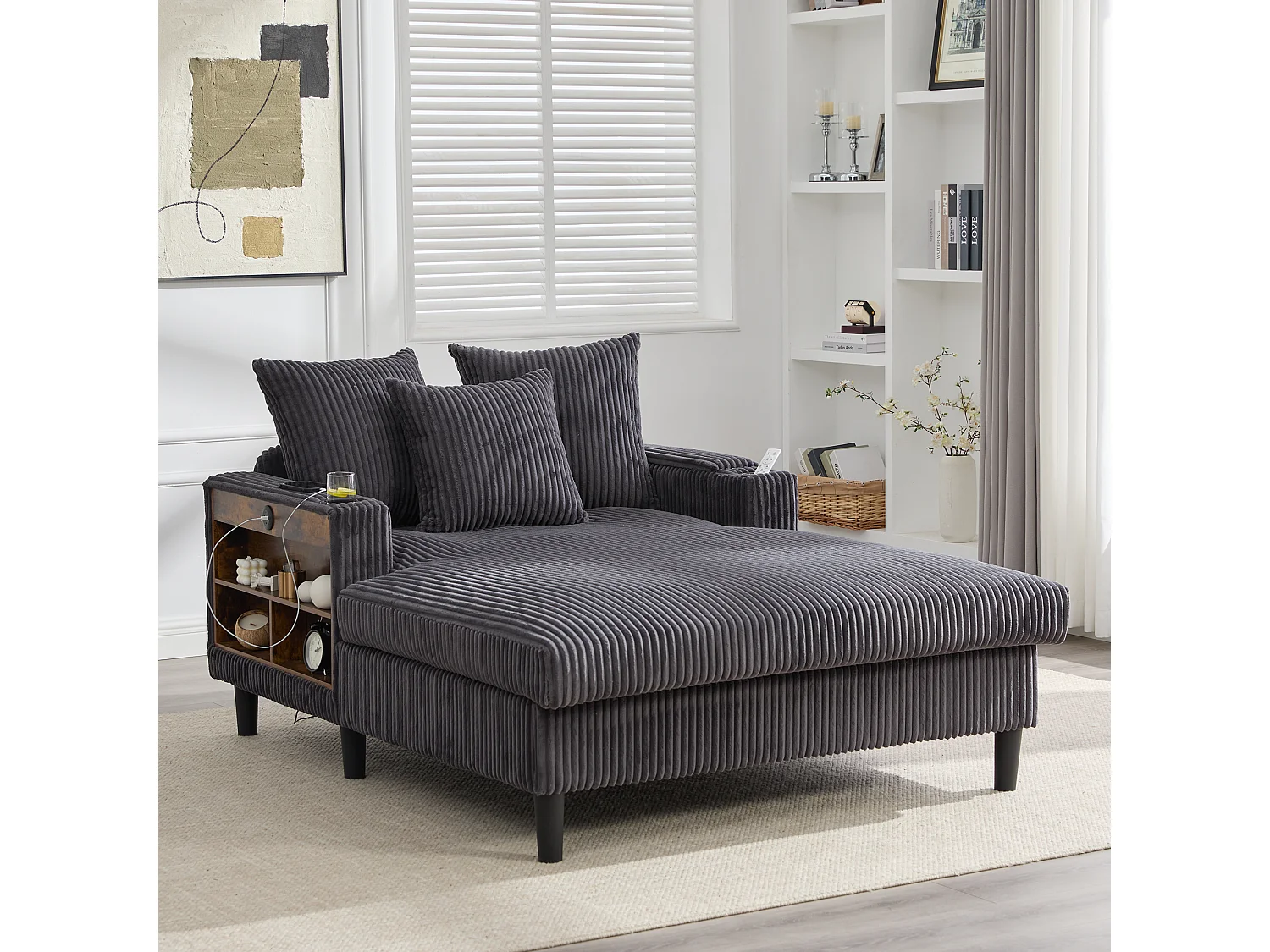 Méridienne 2 places en velours côtelé - 170 x 129 x 70 cm - avec porte-gobelets + Leds + USB + étagères + poche - gris