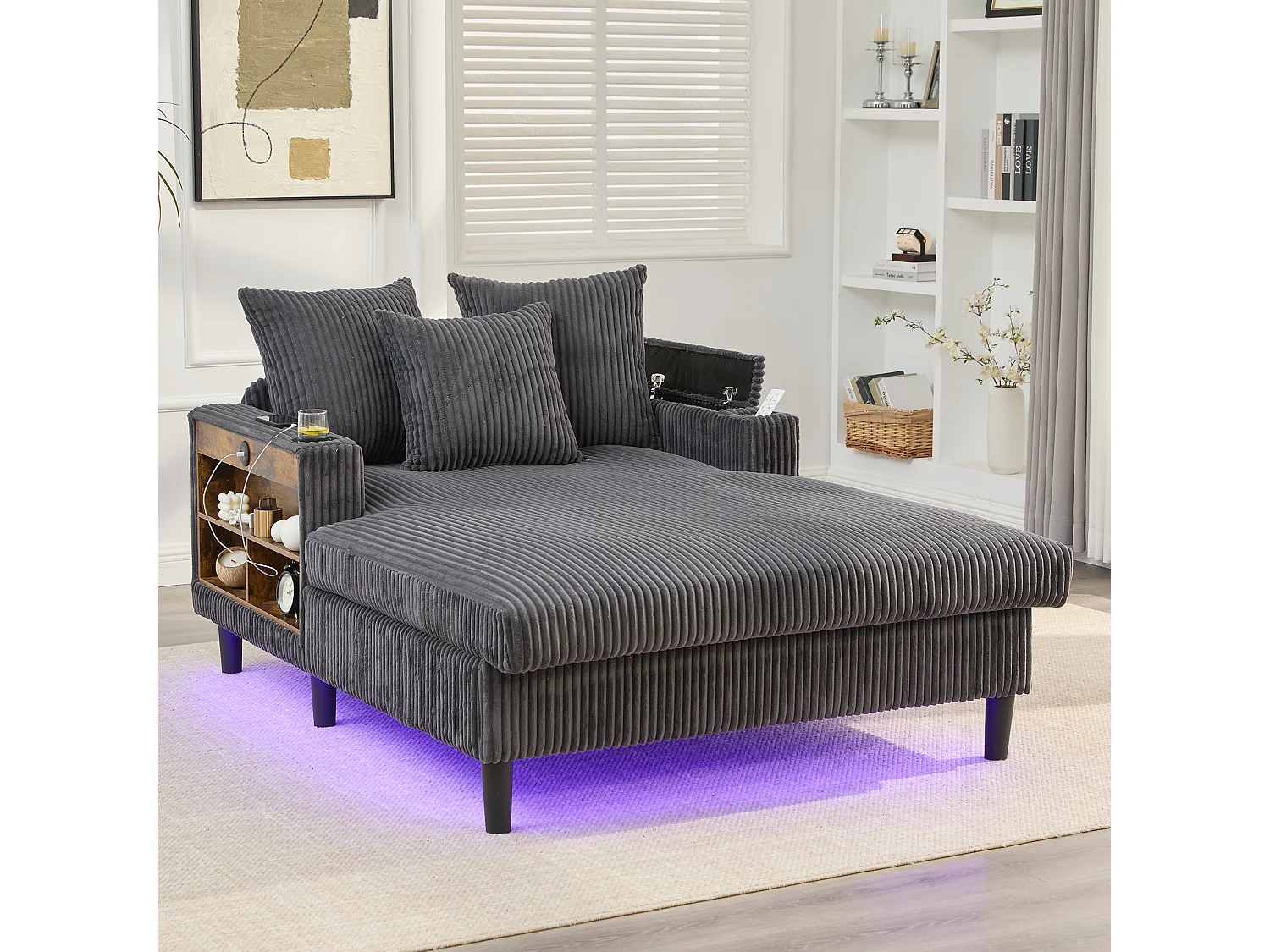 Méridienne 2 places en velours côtelé - 170 x 129 x 70 cm - avec porte-gobelets + Leds + USB + étagères + poche - gris