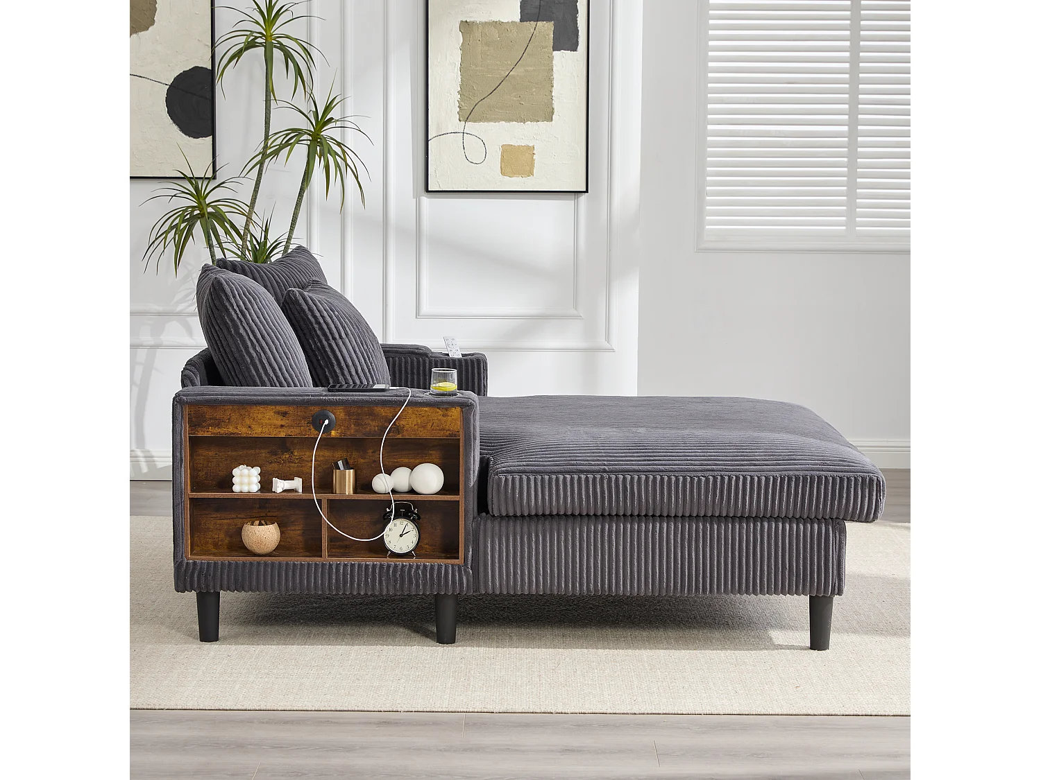 Méridienne 2 places en velours côtelé - 170 x 129 x 70 cm - avec porte-gobelets + Leds + USB + étagères + poche - gris