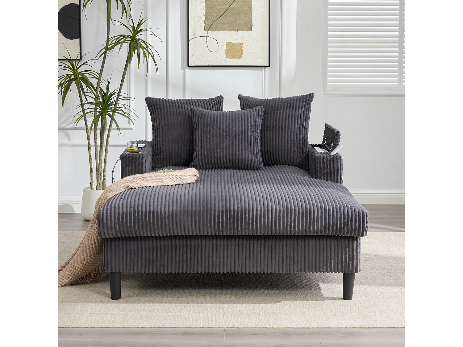 Méridienne 2 places en velours côtelé - 170 x 129 x 70 cm - avec porte-gobelets + Leds + USB + étagères + poche - gris