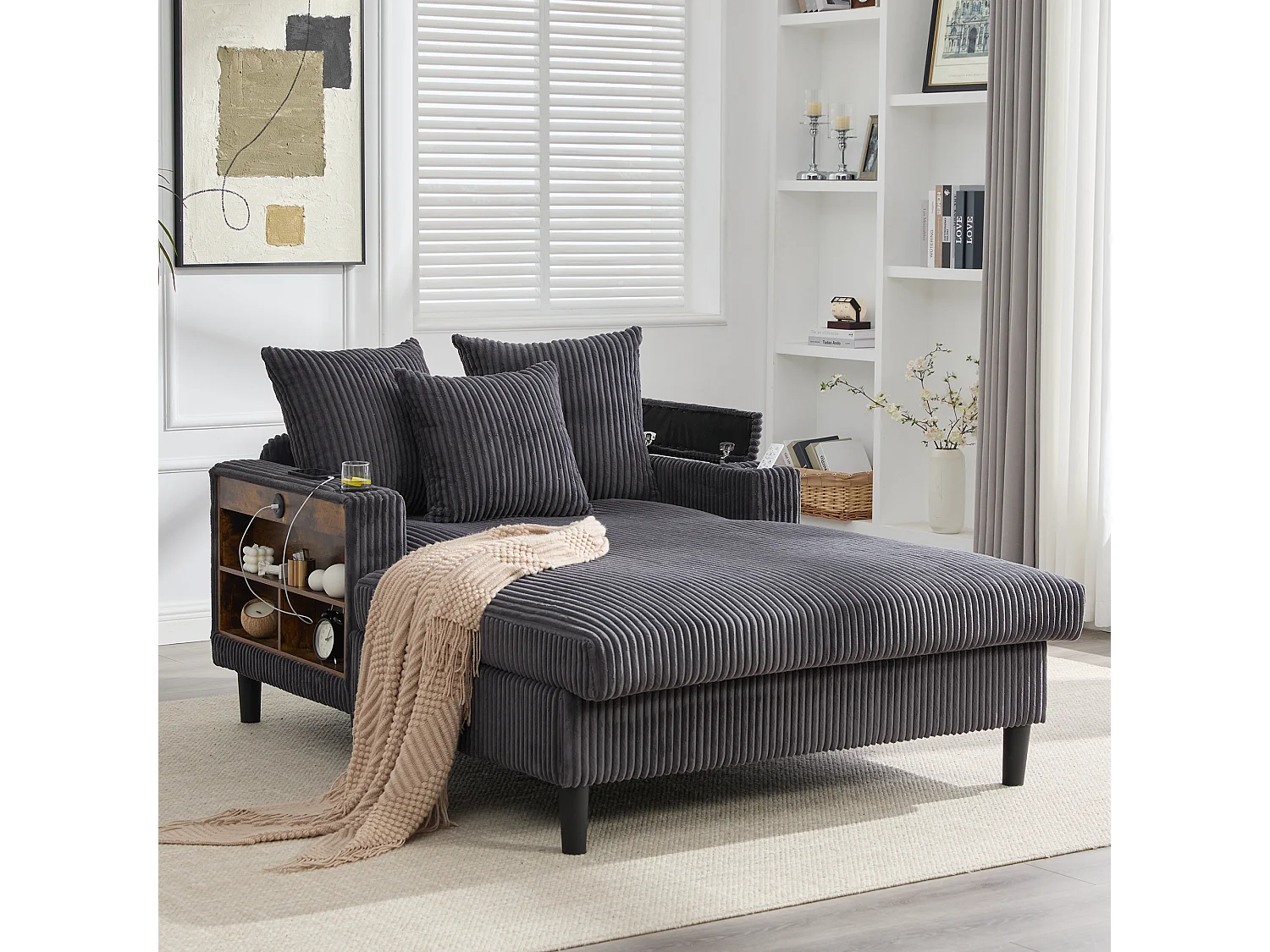 Méridienne 2 places en velours côtelé - 170 x 129 x 70 cm - avec porte-gobelets + Leds + USB + étagères + poche - gris