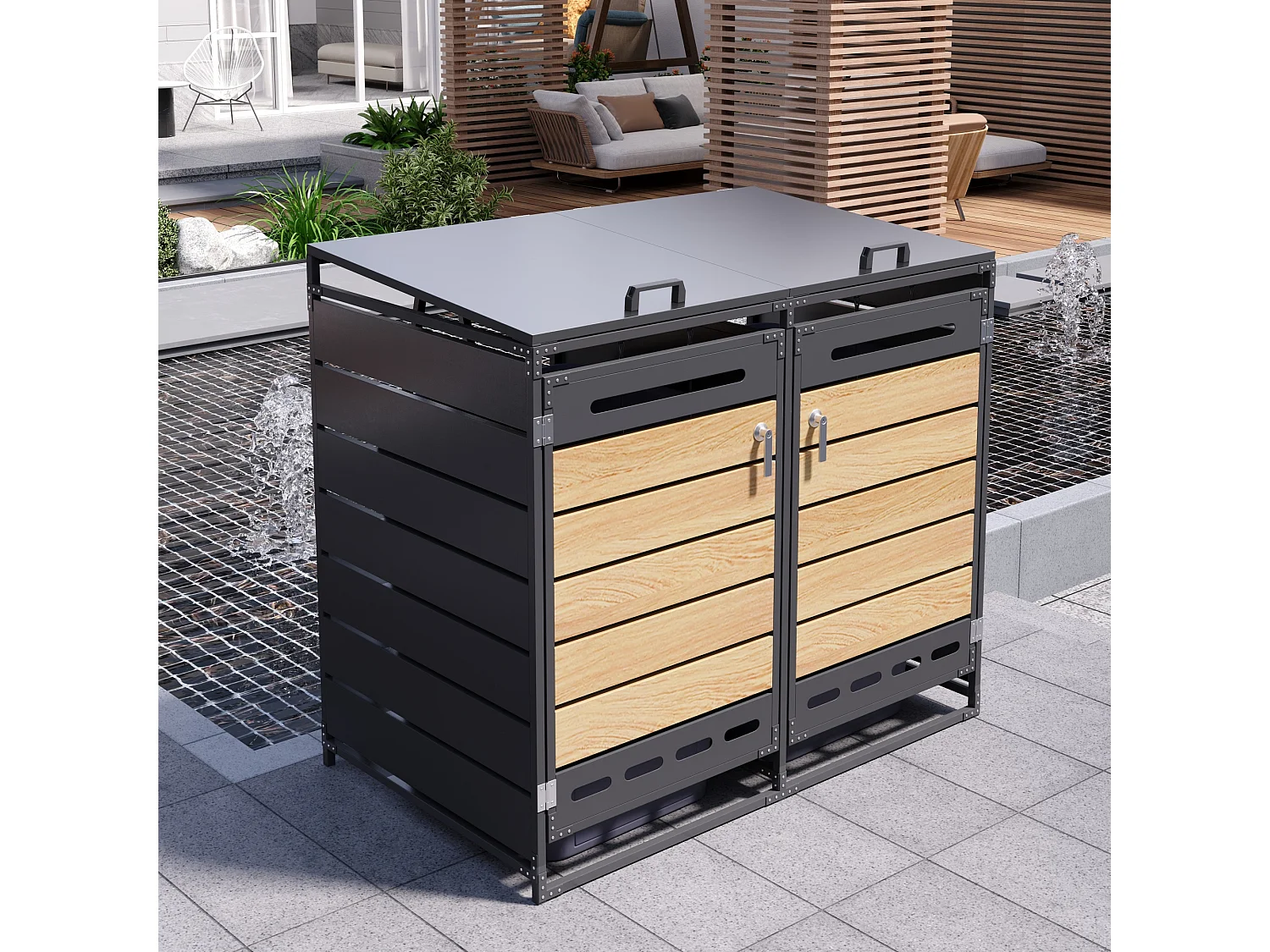 Cobertizo para 2 contenedores de jardín - 131 x 79 x 116 cm - con tapa hidráulica + cerradura + 2 puertas - metal - negro