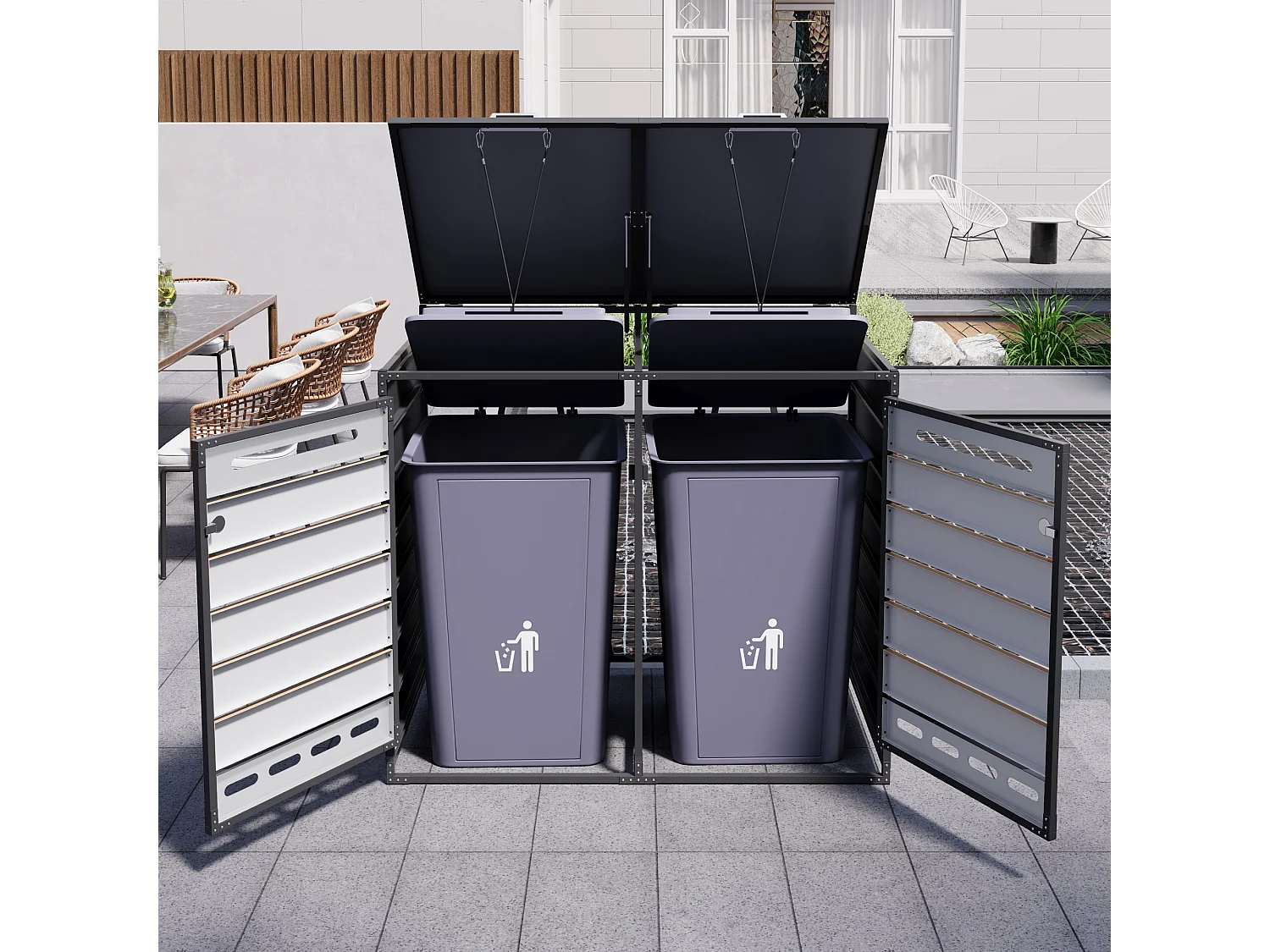 Cobertizo para 2 contenedores de jardín - 131 x 79 x 116 cm - con tapa hidráulica + cerradura + 2 puertas - metal - negro